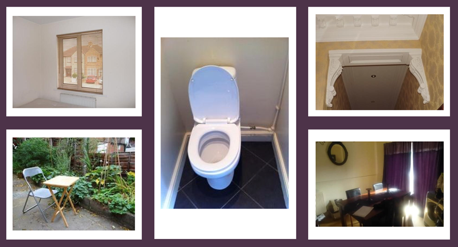 A collage of five unusual property photos: a bare room with blinds and a radiator, a cramped loo positioned against the wall, ornate shelf brackets above a door, a basic outdoor seating area with folding chairs and a table, and a dimly lit dining room with heavy curtains.